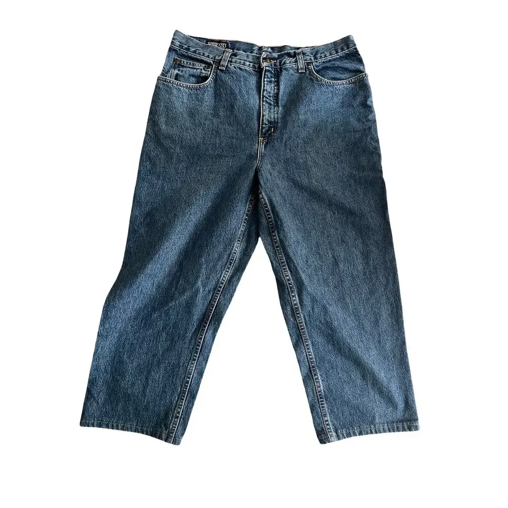 Vintage Lands End Square Rigger Jeans Mens 36 R Blue Denim Relaxed Wide Leg